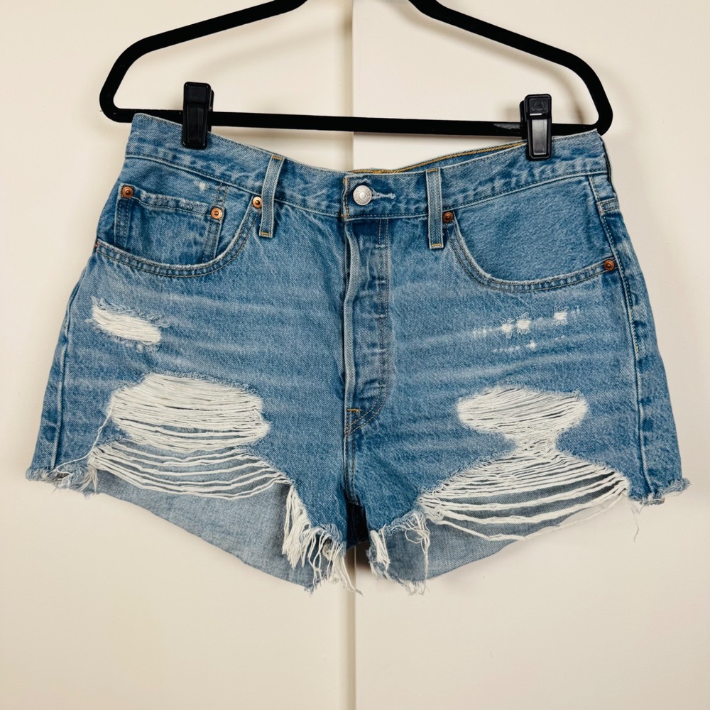 Levis 501 Original Distressed Denim Shorts Light Wash High Rise Cut Offs SS